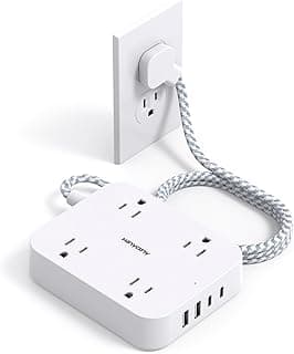 Flat Plug Extension Cord, HANYCONY 5ft Power Strip with 4 USB Ports(2 USB C), 4 Widely Outlets Extender, Wall Mount, Desk Charging Station...