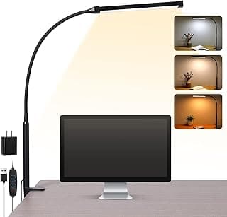Voncerus LED Desk Lamp with Clamp, Eye-Caring Clip on Lights for Home Office, 3 Modes 10 Brightness, Long Flexible Goose-Neck, Metal, Swing...
